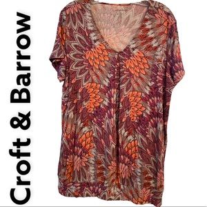Croft & Barrow Short Sleeve Pullover Brown & Orange Floral Top XL